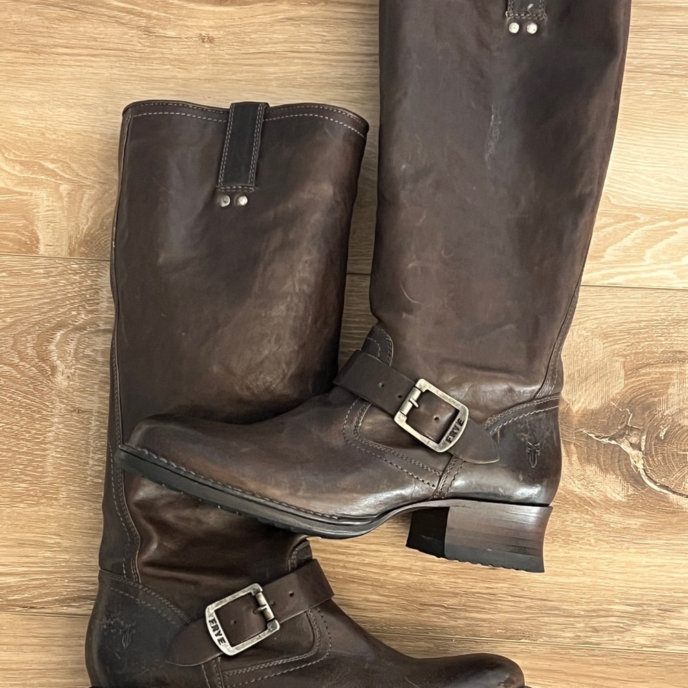 Frye Dark Brown Leather Buckle Boots